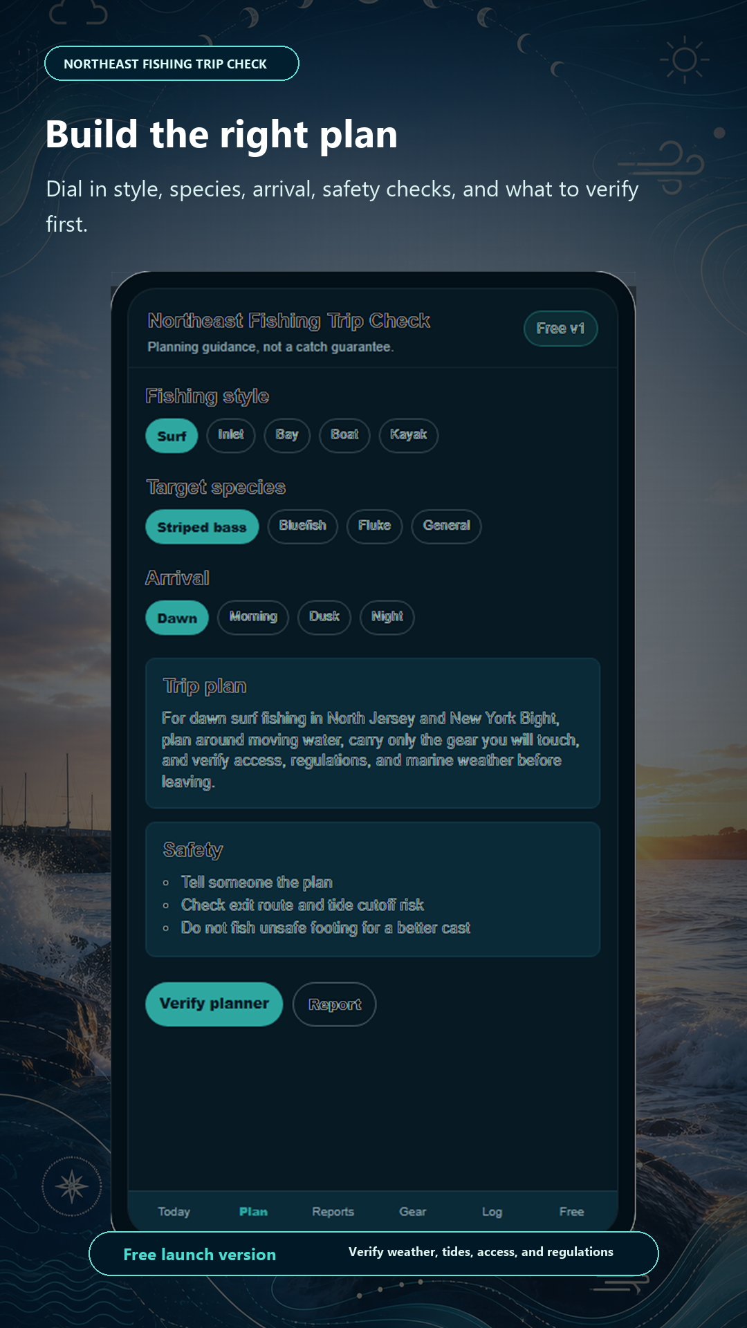 Northeast Fishing Trip Check Android app showing fishing style, target species, arrival timing, trip plan, and safety checks