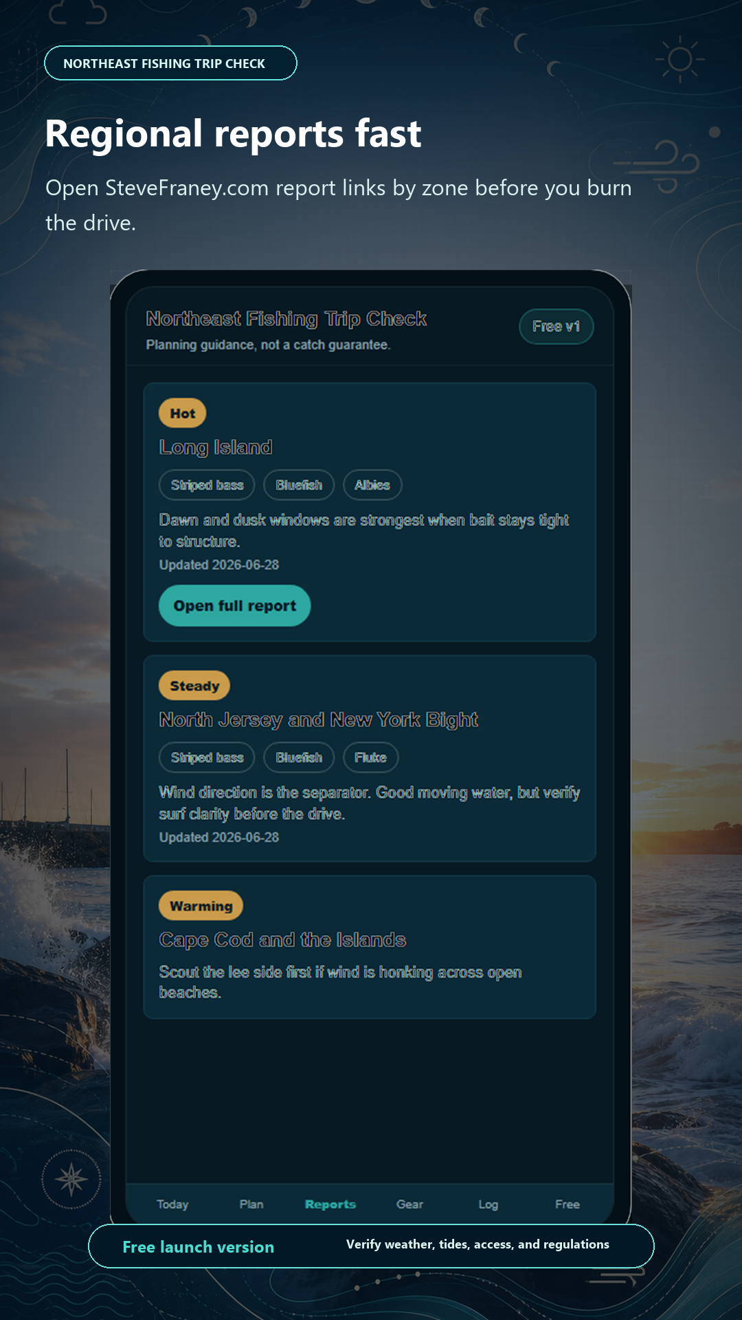 Northeast Fishing Trip Check Android app showing Long Island, North Jersey, New York Bight, and Cape Cod report cards