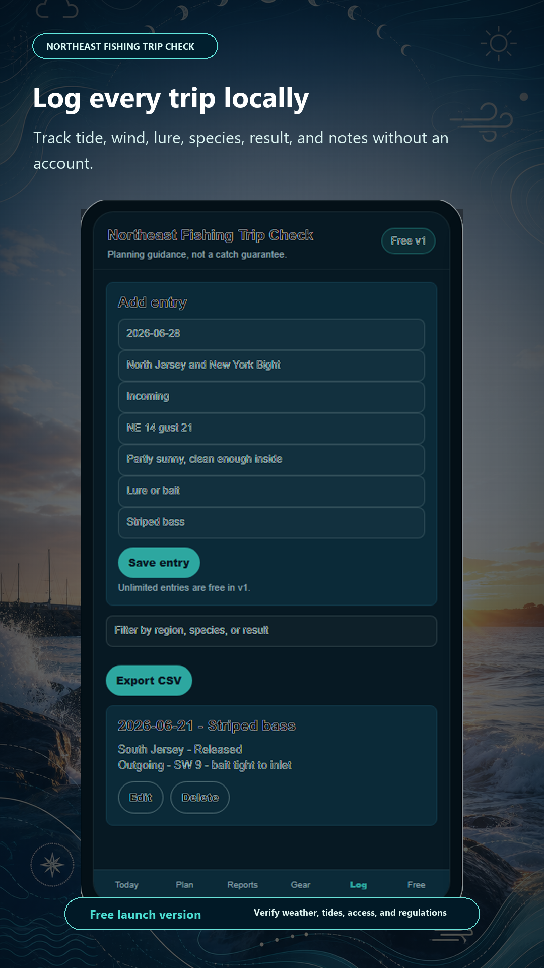Northeast Fishing Trip Check Android app showing local trip log fields and export controls