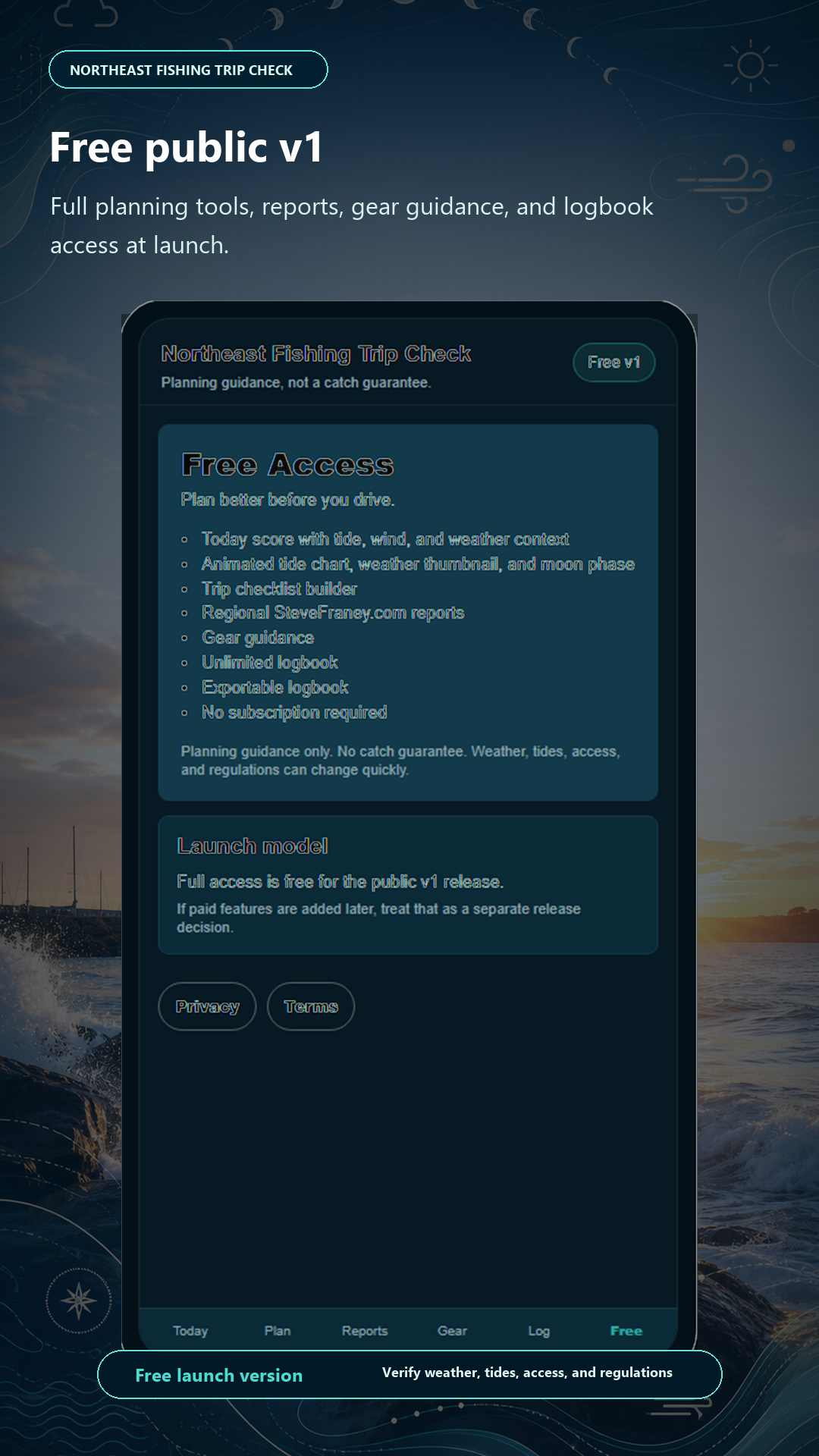 Northeast Fishing Trip Check Android app showing free launch access details and launch model