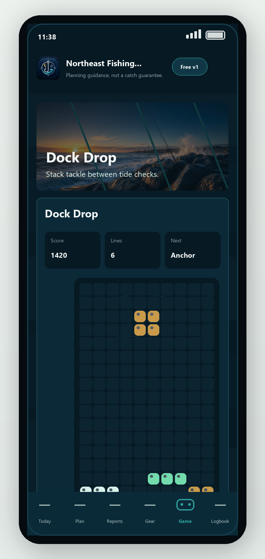 Dock Drop fishing-themed block game screen inside Northeast Fishing Trip Check