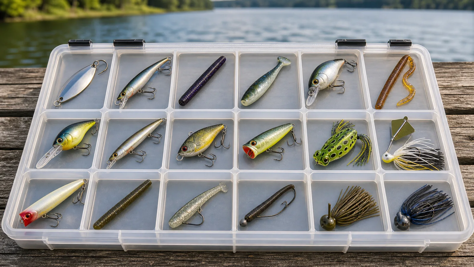 Logo-free tackle tray of bass lure categories including spoon, jerkbait, stick worm, swimbait, crankbaits, popper, hollow frog, buzzbait, Ned rig, and vibrating jig