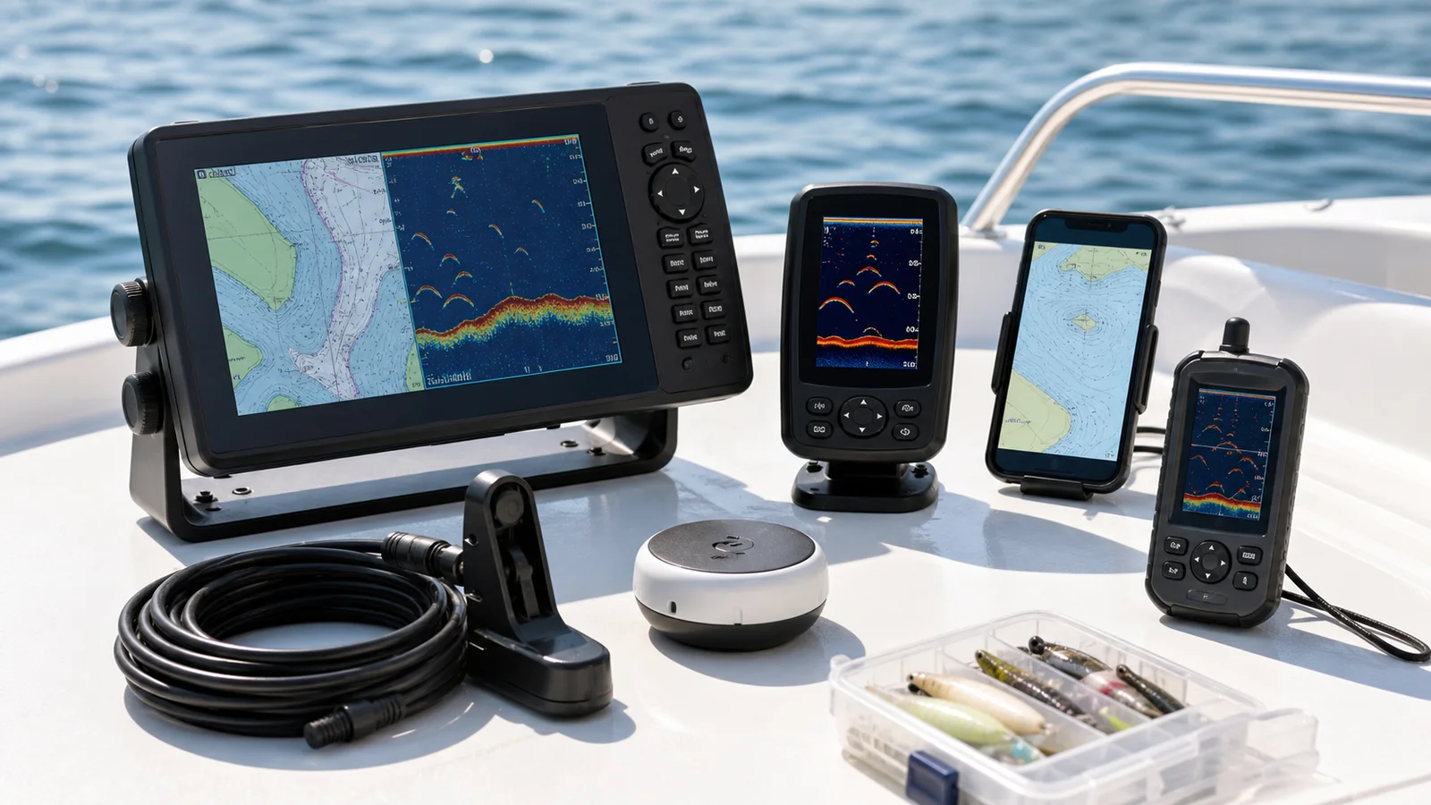 Logo-free lineup of small boat fish finders, portable sonar units, a castable sonar puck, and phone-based fishing electronics on a skiff console