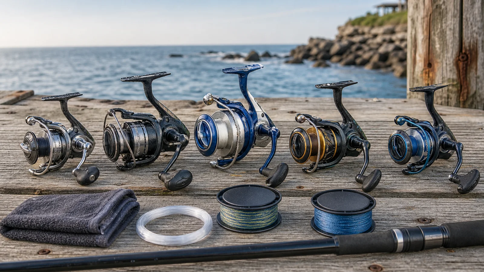 Logo-free lineup of five saltwater spinning reels with braid spools, leader material, and a rod handle on a dock