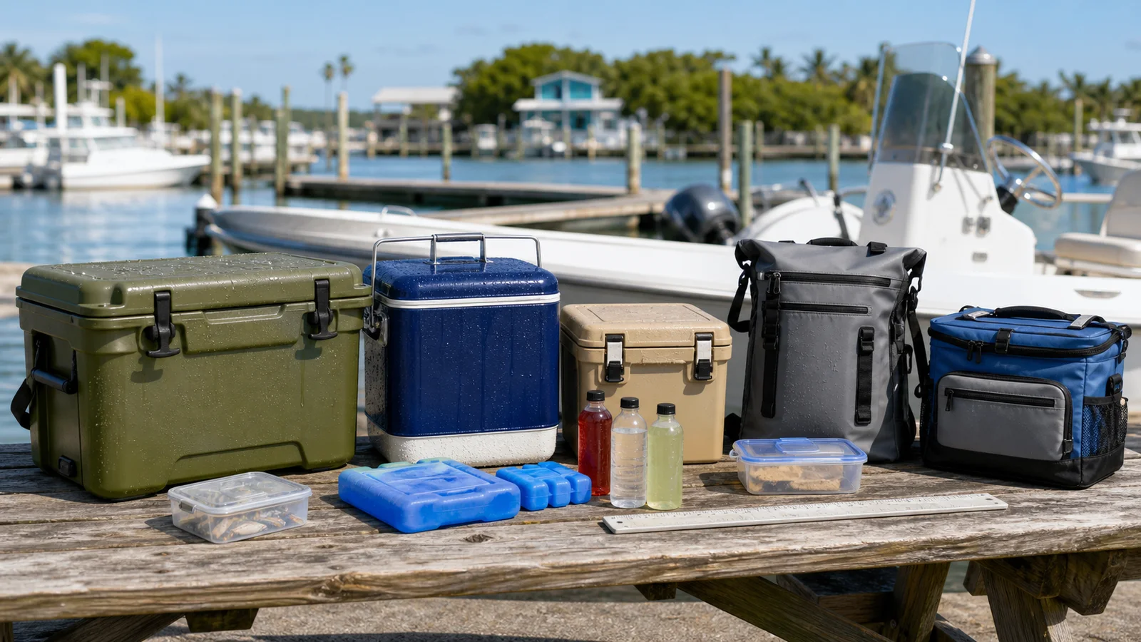 Logo-free lineup of hard coolers, a steel-style cooler, a compact hard cooler, a backpack cooler, and a soft cooler on a marina table