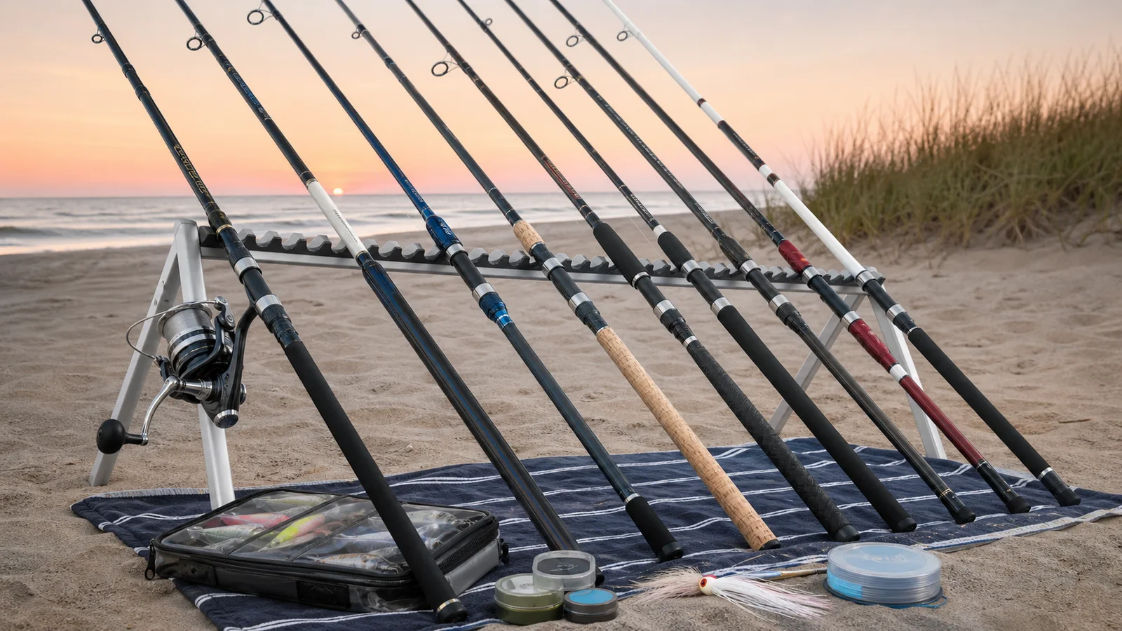 Logo-free lineup of long surfcasting rods, saltwater spinning reel, plug bag, tins, bucktail jig, and leader spools on a beach