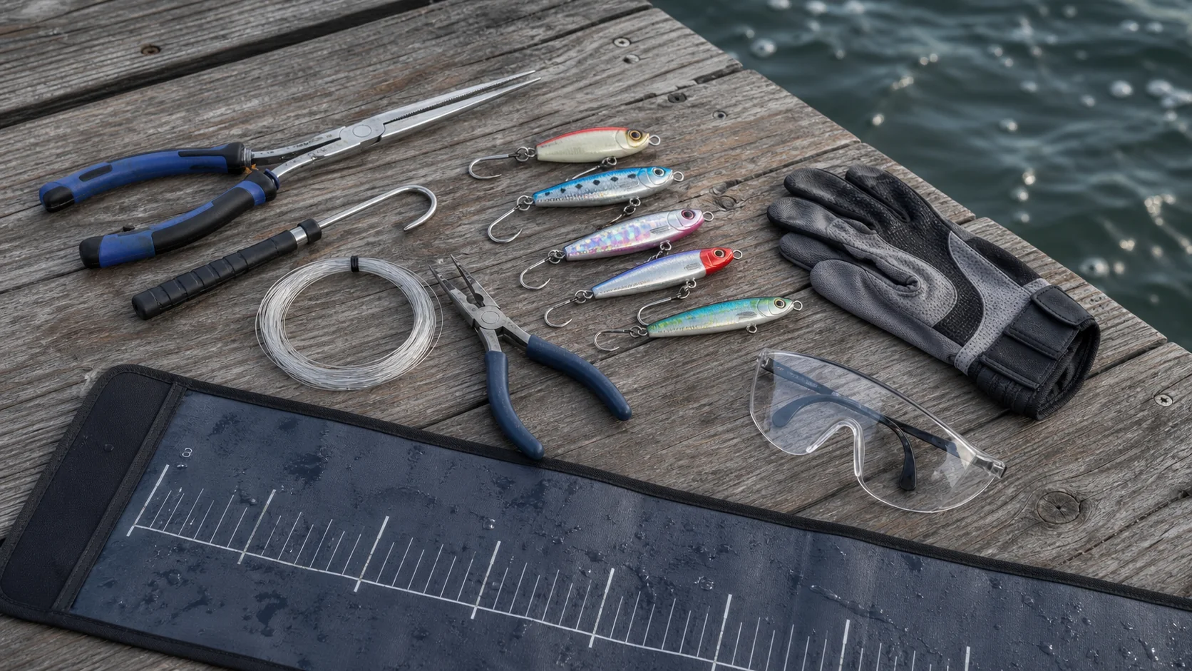 Bluefish-ready saltwater lures, leader, long-reach pliers, dehooker, gloves, eye protection, and a wet measuring mat