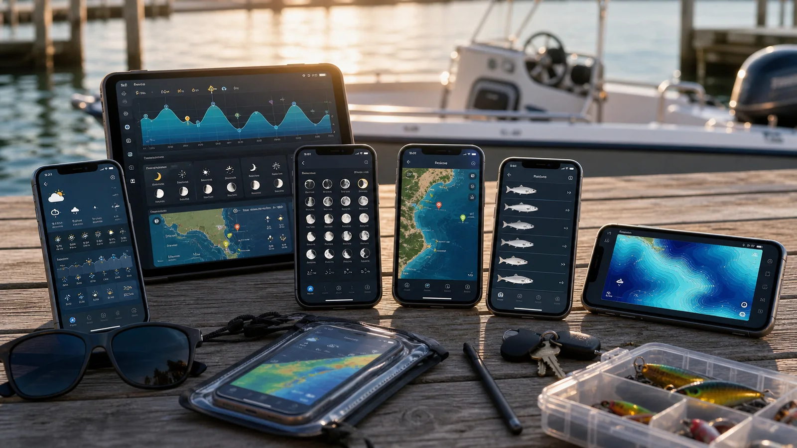 Phones and tablet showing tide, map, weather, and logbook planning screens