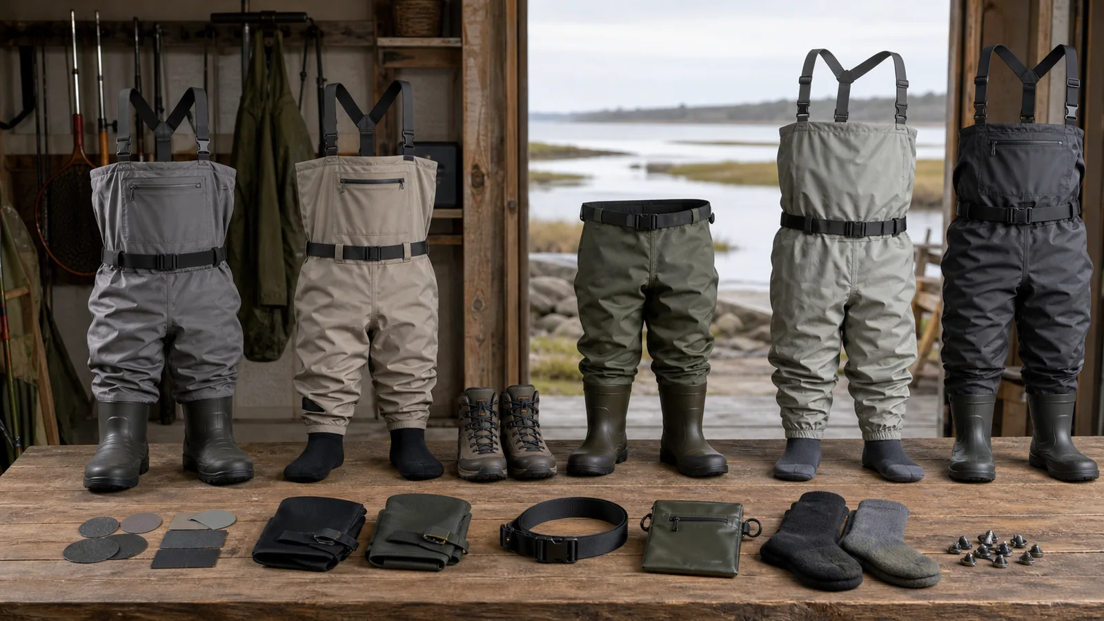 Logo-free lineup of bootfoot waders, stockingfoot waders, hip waders, wading boots, belt, repair patches, and wader accessories