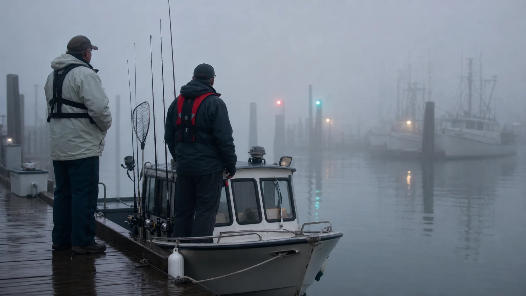 Two Northeast anglers in life jackets wait beside a docked fishing boat during dense harbor fog