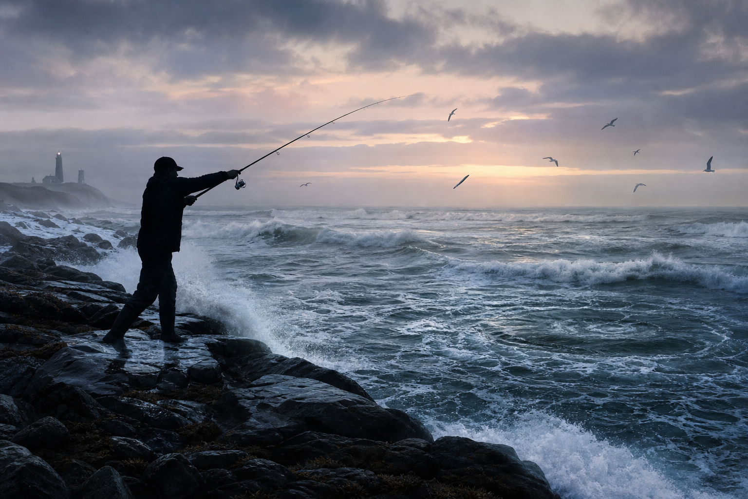 Predawn Northeast surfcaster casting toward whitewater and birds during a summer striped bass tide