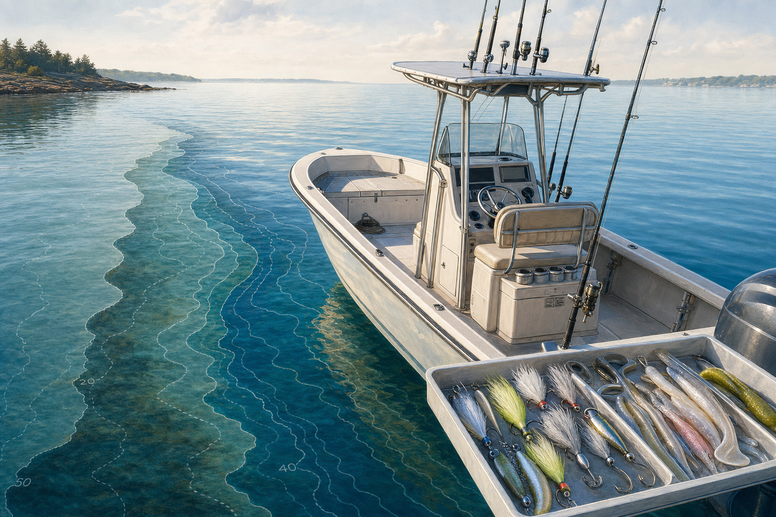 Small center-console boat drifting a Long Island Sound channel edge for summer fluke with bucktails and soft baits ready