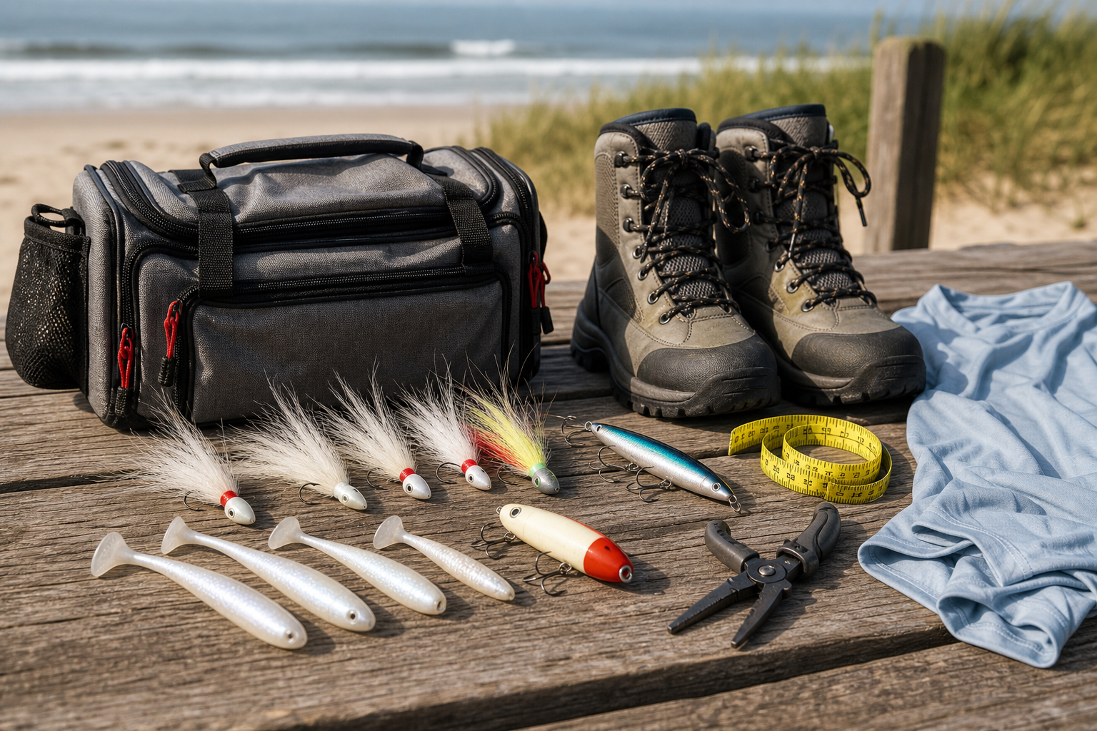 Northeast summer surf fishing gear flat lay with plugs, bucktails, soft plastics, pliers, sun shirt, and wet wading boots