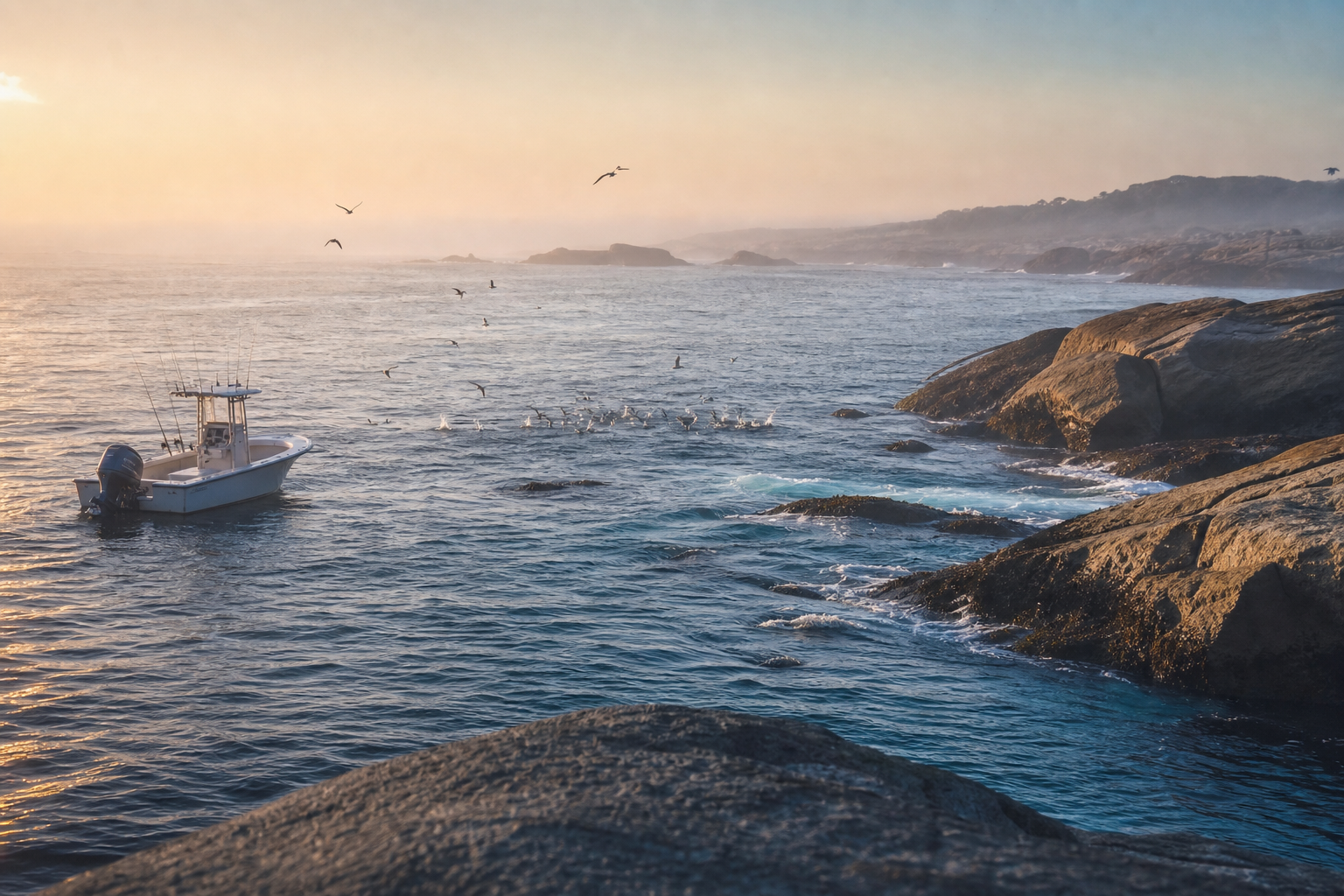 Small center-console boat fishing near a rocky Northeast inlet at first light with birds working over bait