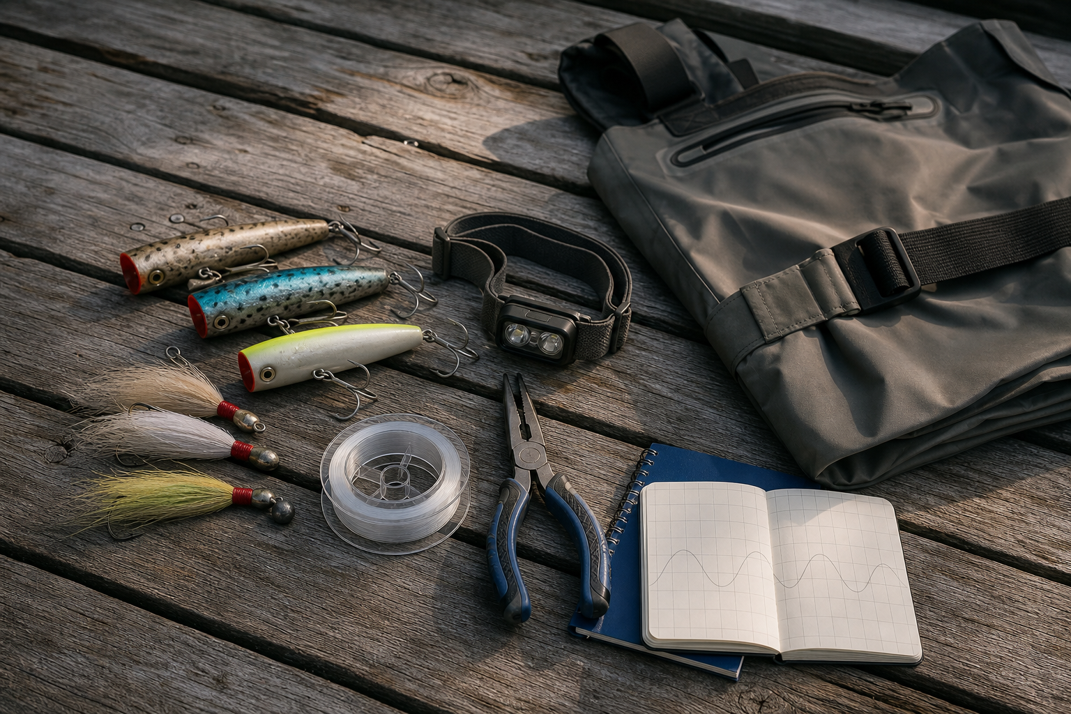 Northeast summer surfcasting gear flat lay with bucktails, pencil poppers, leader, pliers, headlamp, folded waders, and tide notebook