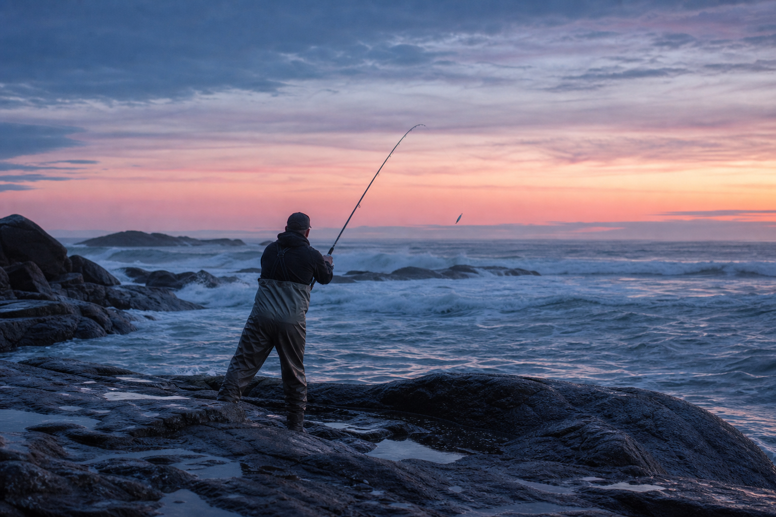 Anonymous surf angler casting at dawn into a Northeast tide rip during a hot July fishing weekend
