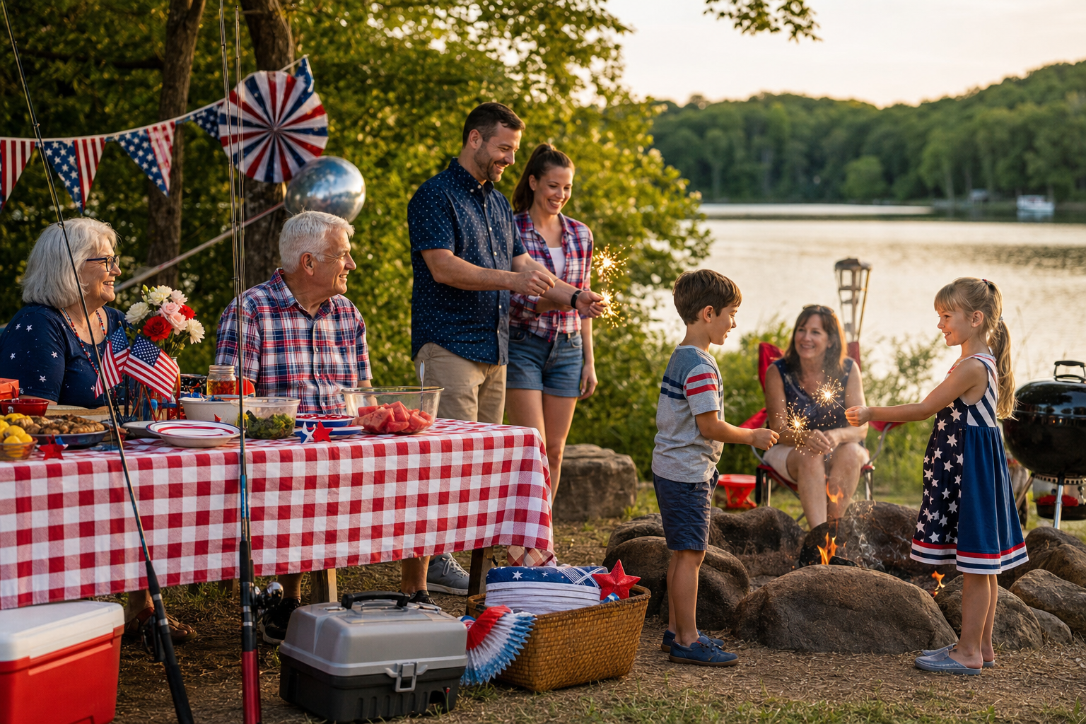 Family enjoying a safe July 4th fishing weekend near the water with patriotic summer colors