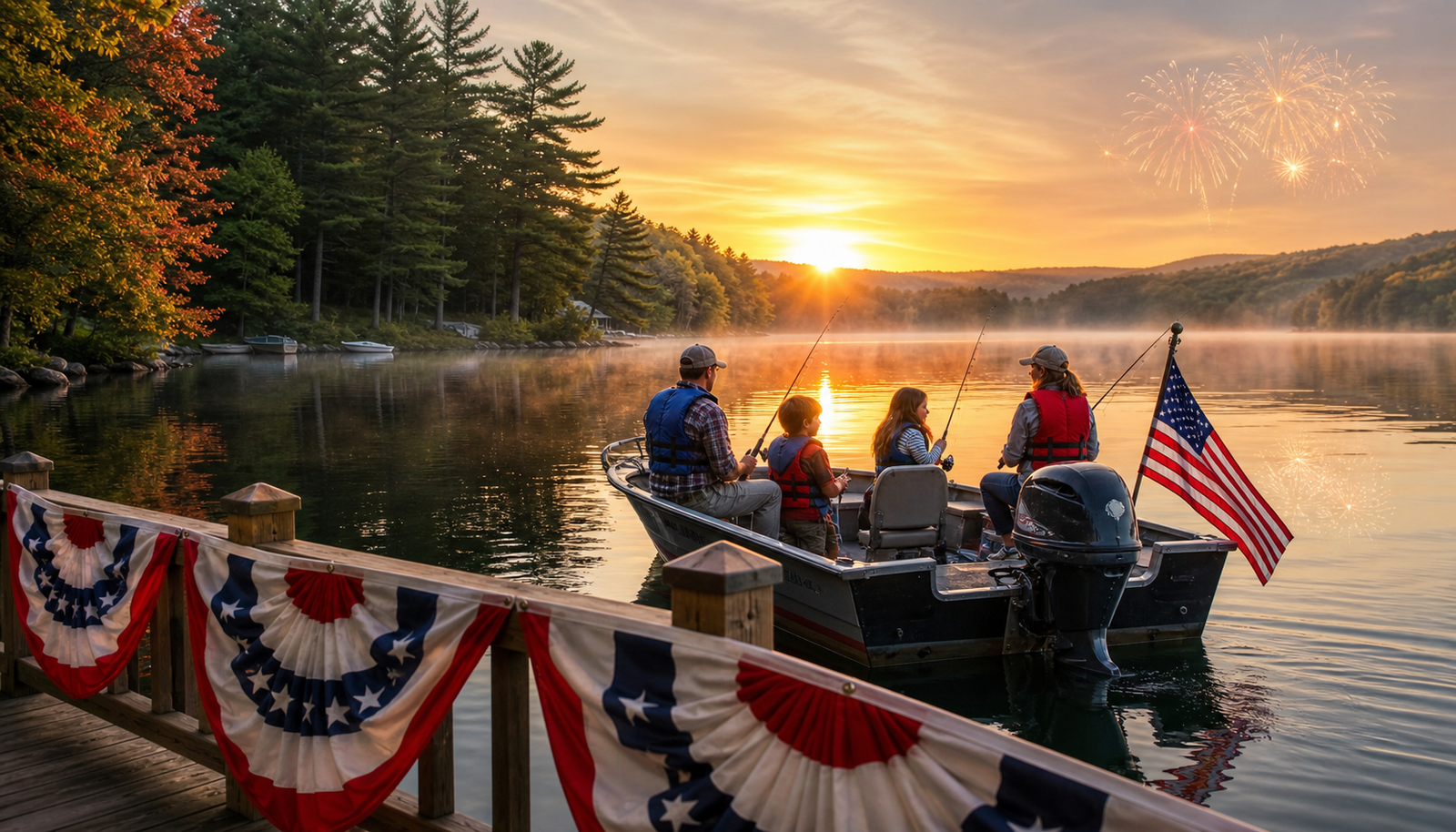 Patriotic July 4th Northeast fishing scene with anglers near calm coastal water at sunrise