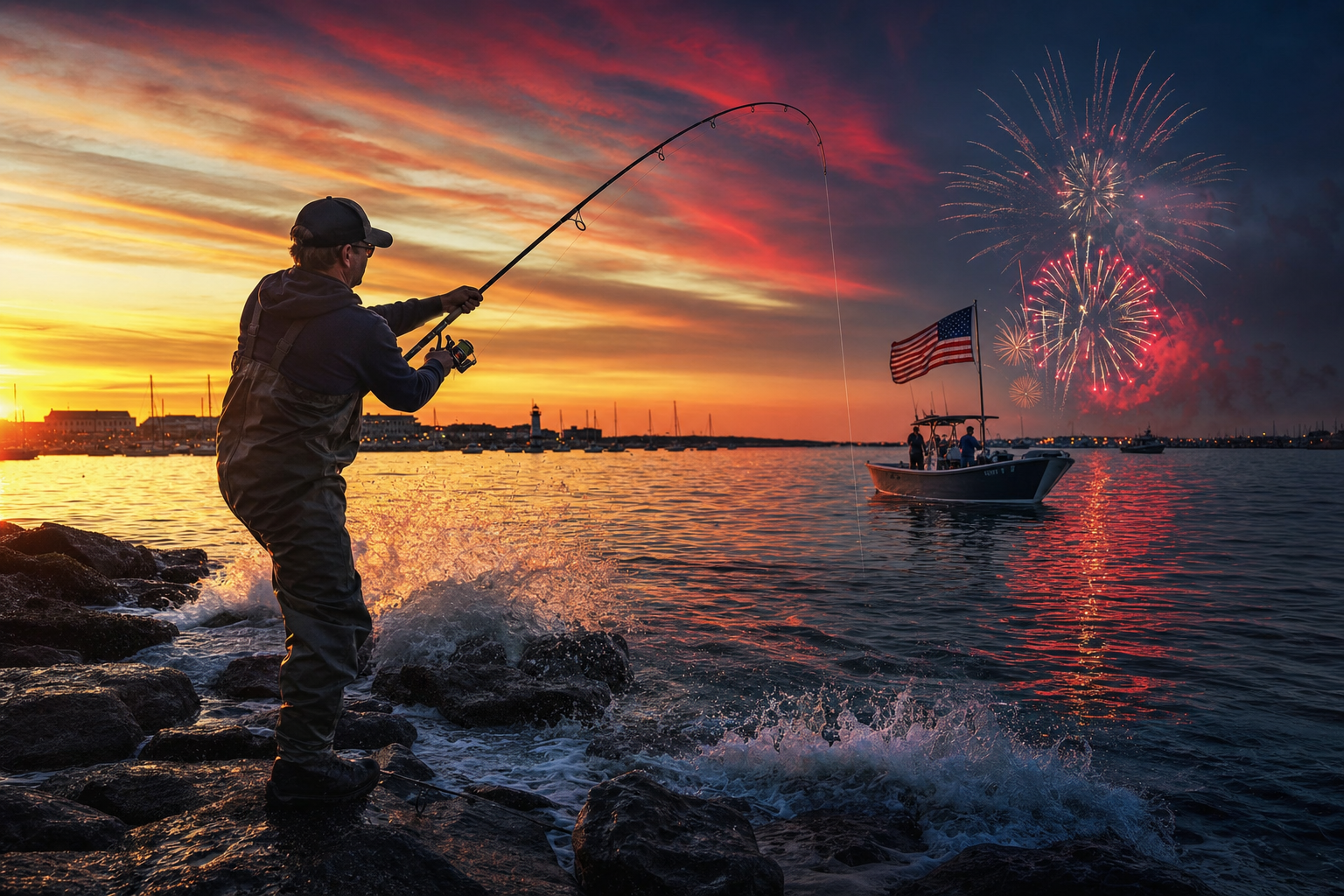 July 4th weekend shoreline fishing scene with patriotic colors, calm water, and anglers near the Northeast coast