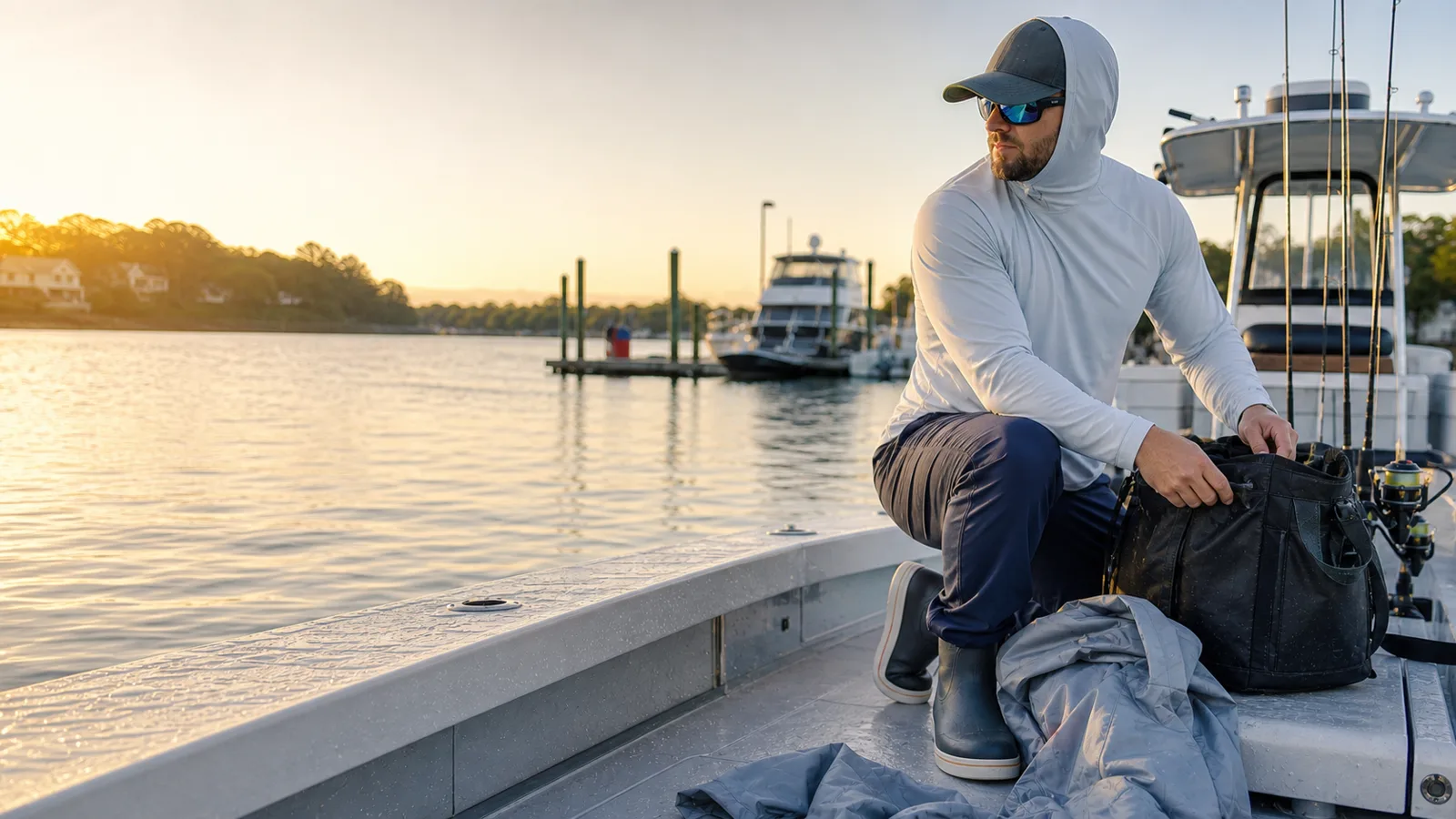 Northeast saltwater angler preparing gear on a boat while wearing logo-free technical fishing apparel