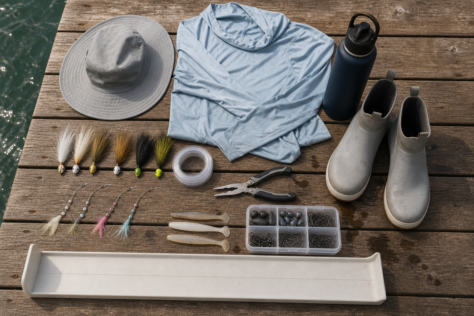 Bucktails, leaders, pliers, soft plastics, measuring board, and non-branded summer boat fishing gear laid out on a dock