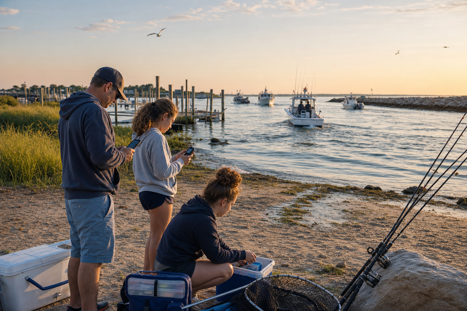 Northeast anglers preparing rods and coolers near a harbor inlet before a summer fluke and black sea bass trip