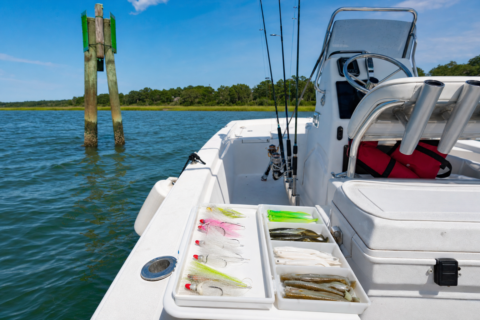 Small Northeast fishing boat drifting a channel edge with bucktails and soft baits ready for a summer fluke and sea bass trip
