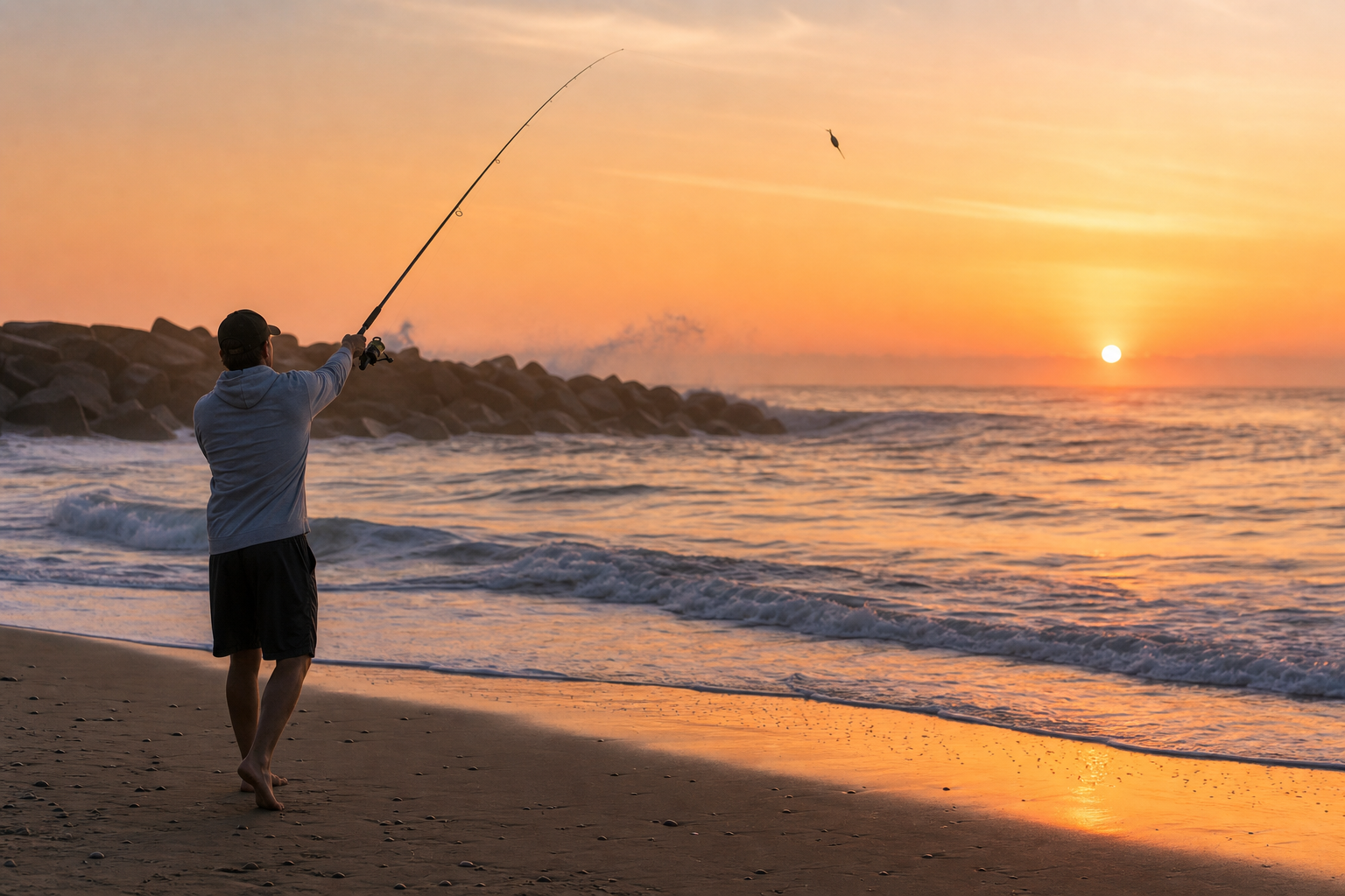 Northeast surf angler casting at sunrise during a hot July fishing window