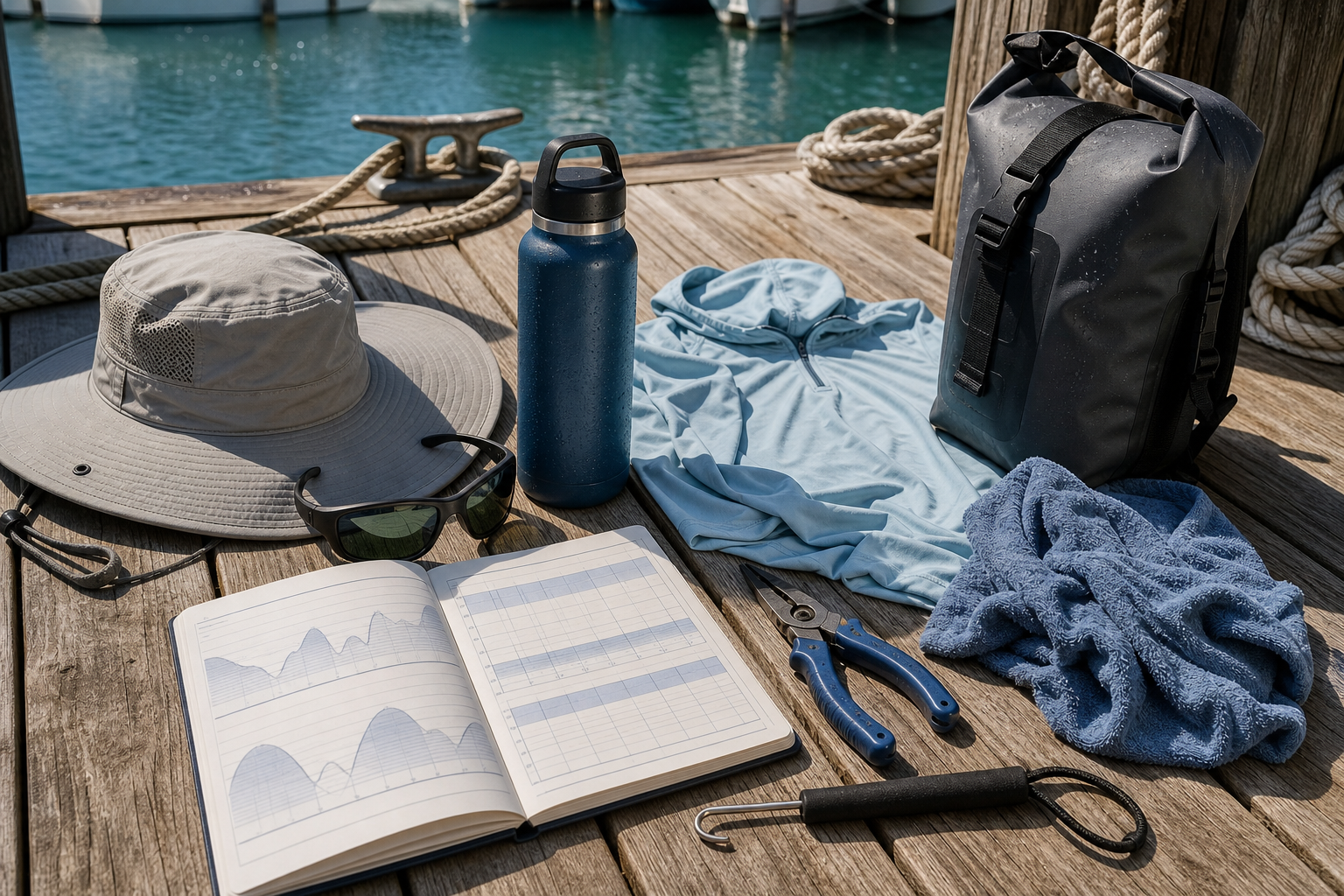 Hot July Northeast fishing kit with sun hoodie, hat, sunglasses, water bottle, pliers, dehooker, wet towel, and waterproof pack
