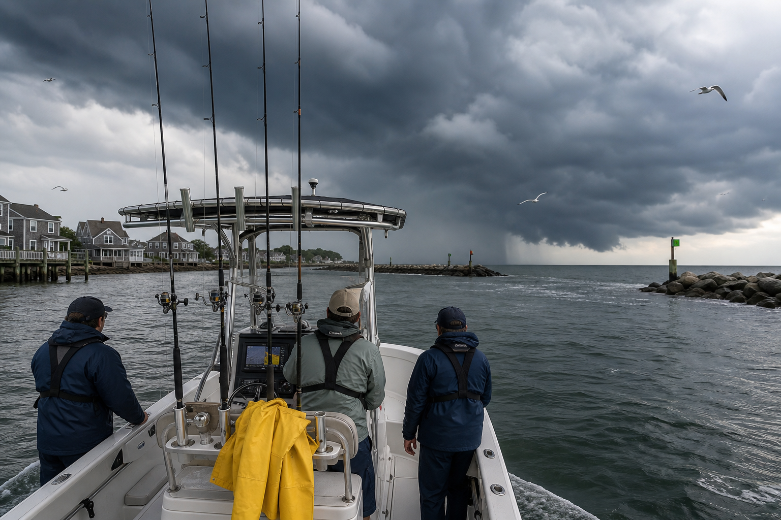 Small Northeast fishing boat turning toward a protected harbor as dark summer squall clouds build offshore