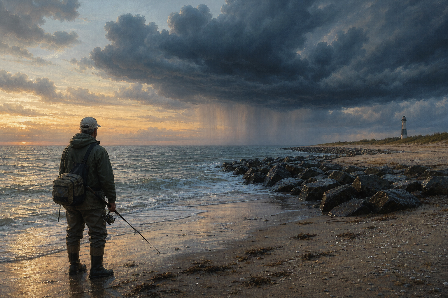 Northeast surfcaster standing back from a wet jetty while summer thunderstorm clouds build offshore