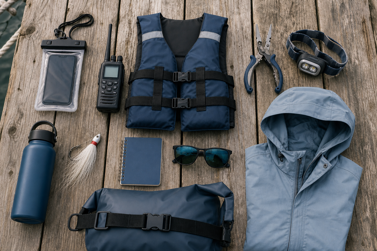 Northeast summer fishing storm safety kit with VHF radio, PFD, rain shell, headlamp, dry bag, water bottle, pliers, and tackle