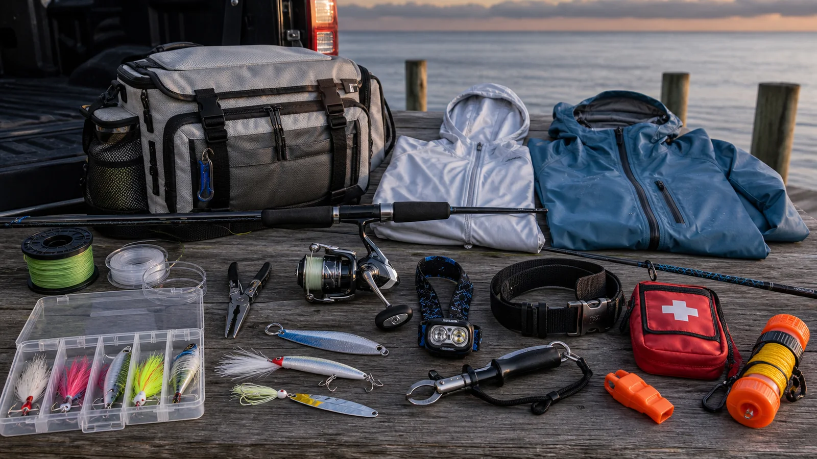 Logo-free Northeast coastal fishing gear checklist with surf rod, spinning reel, lures, pliers, leader, headlamp, first-aid pouch, rain shell, sun hoodie, surf bag, and safety extras