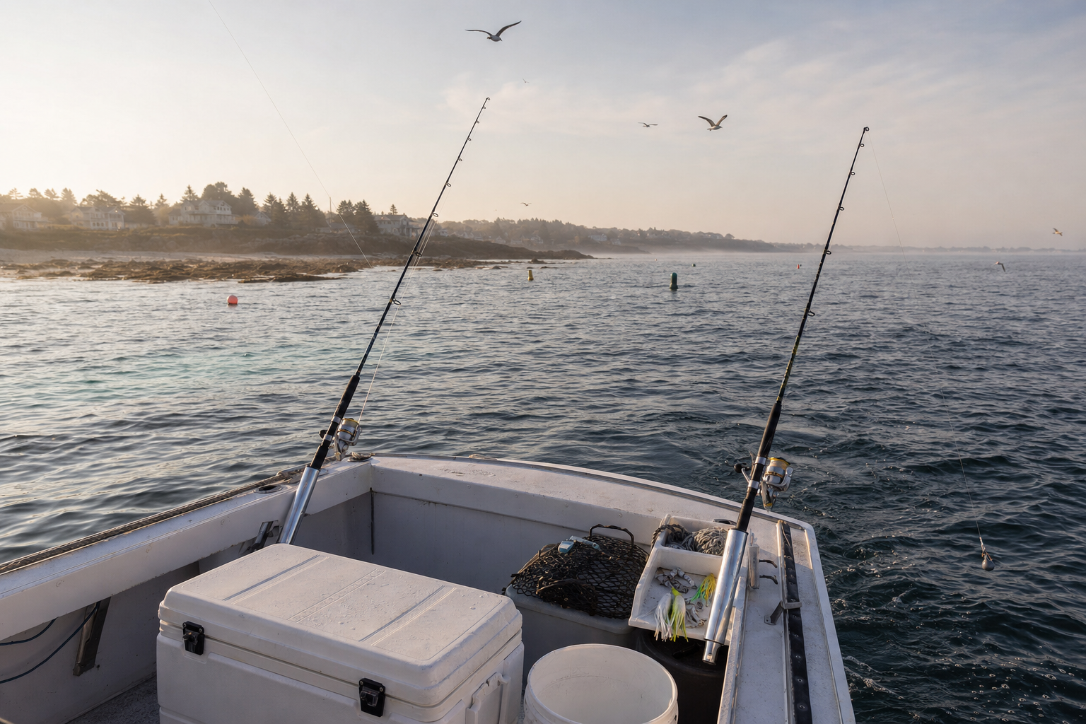 Northeast boat fishing over reef and wreck structure for black sea bass with summer shoreline in the distance