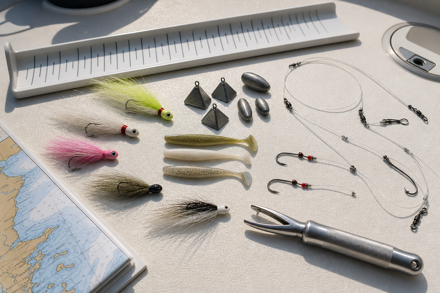 Bucktails rigs sinkers dehooker and measuring board arranged for a New York fluke and black sea bass trip