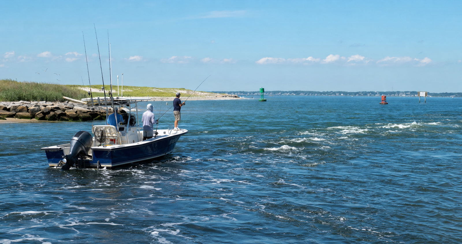 Small center-console boat drifting a Northeast inlet channel edge on a clear July morning after rain
