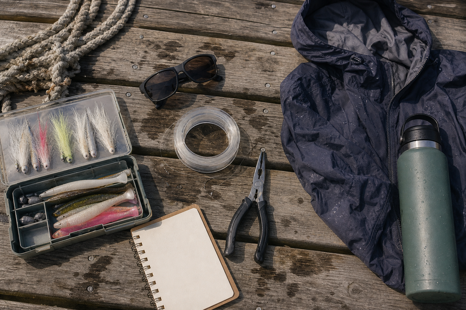 Post-rain Northeast fishing kit with bucktails soft plastics pliers rain shell sunglasses water bottle and tide notebook on dock boards