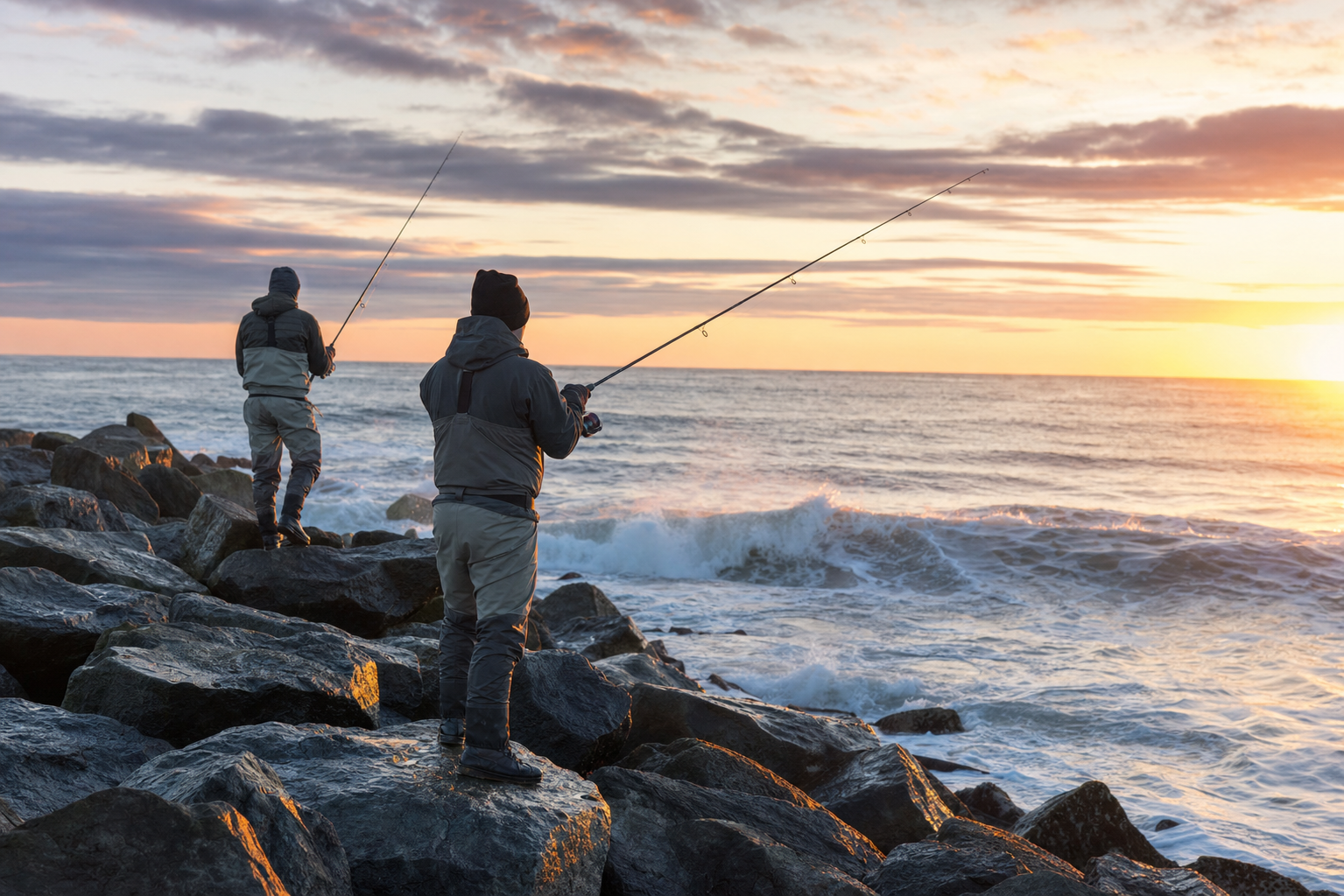 Northeast surfcasters on a rocky jetty at dawn after summer rain with clean swell and clearing sky