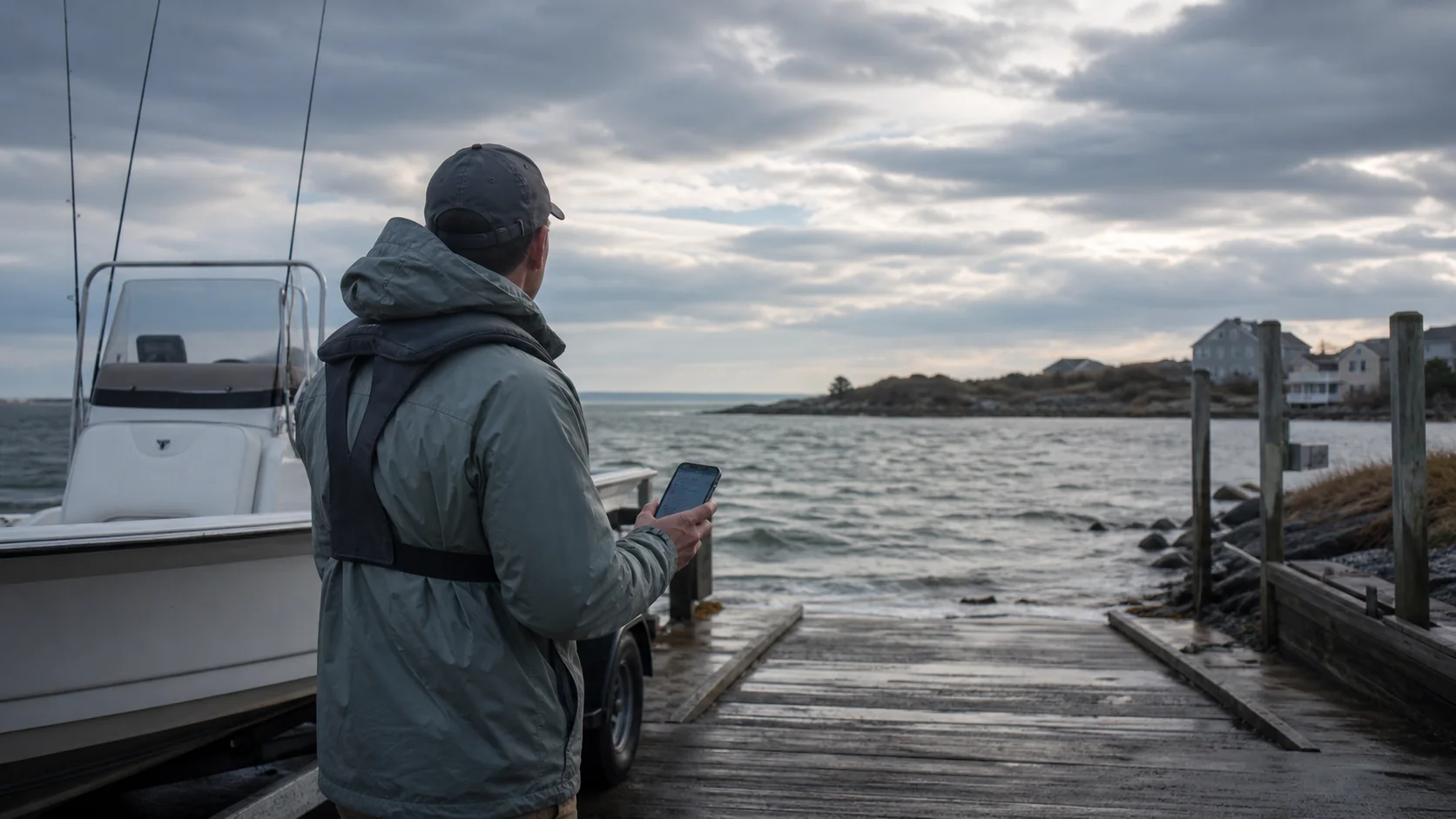Northeast angler in a life jacket checks a marine forecast beside a trailered boat at a coastal ramp