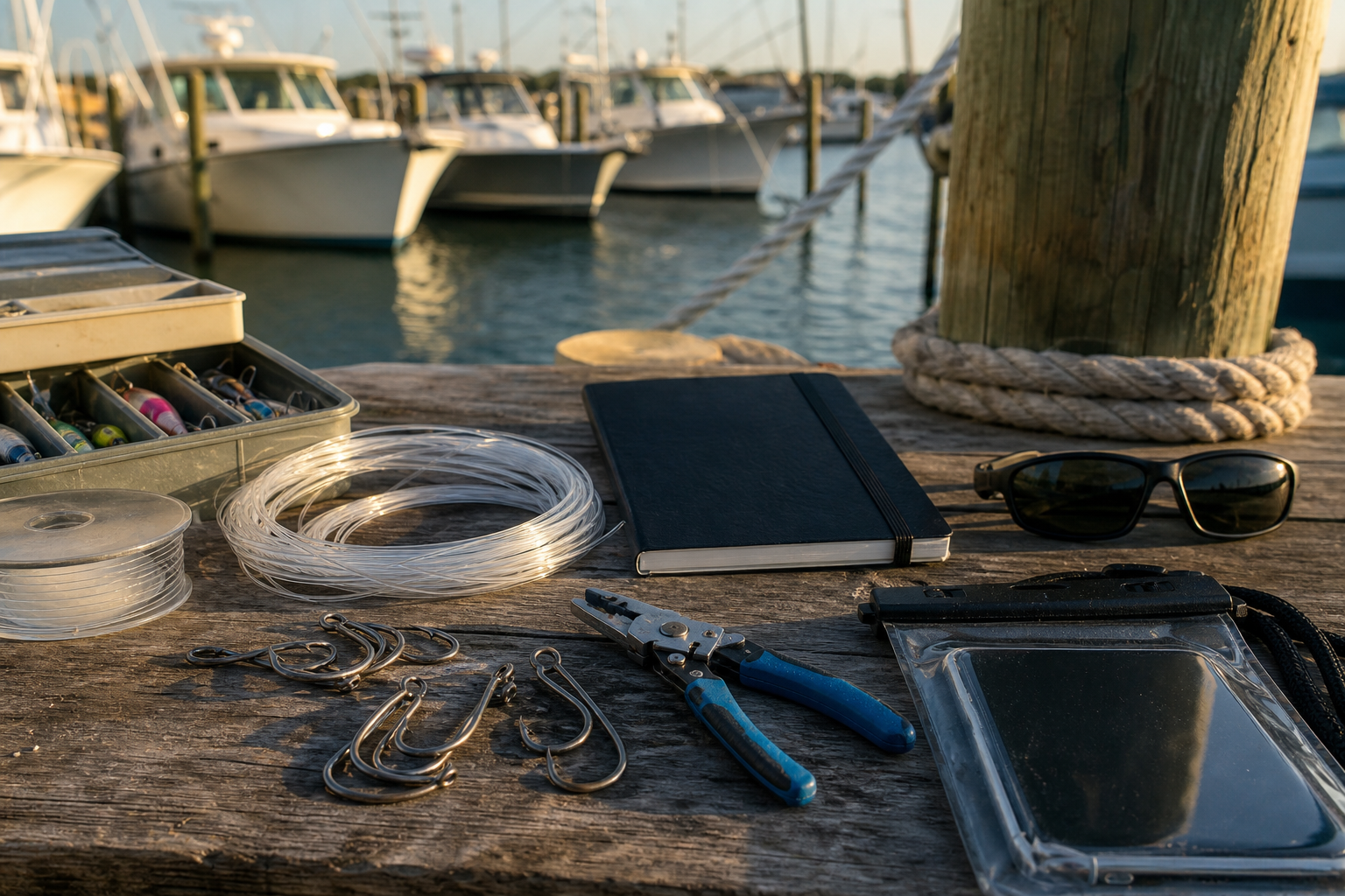 Tuna trip planning gear with leader coils, crimping tools, sunglasses, and a regulation notebook on a dock