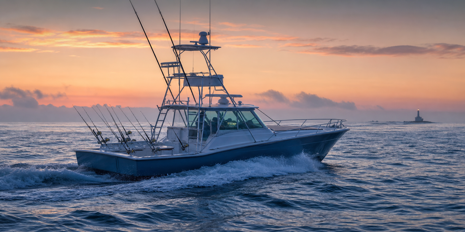 Offshore tuna boat running at dawn on Southern New England water with rods ready