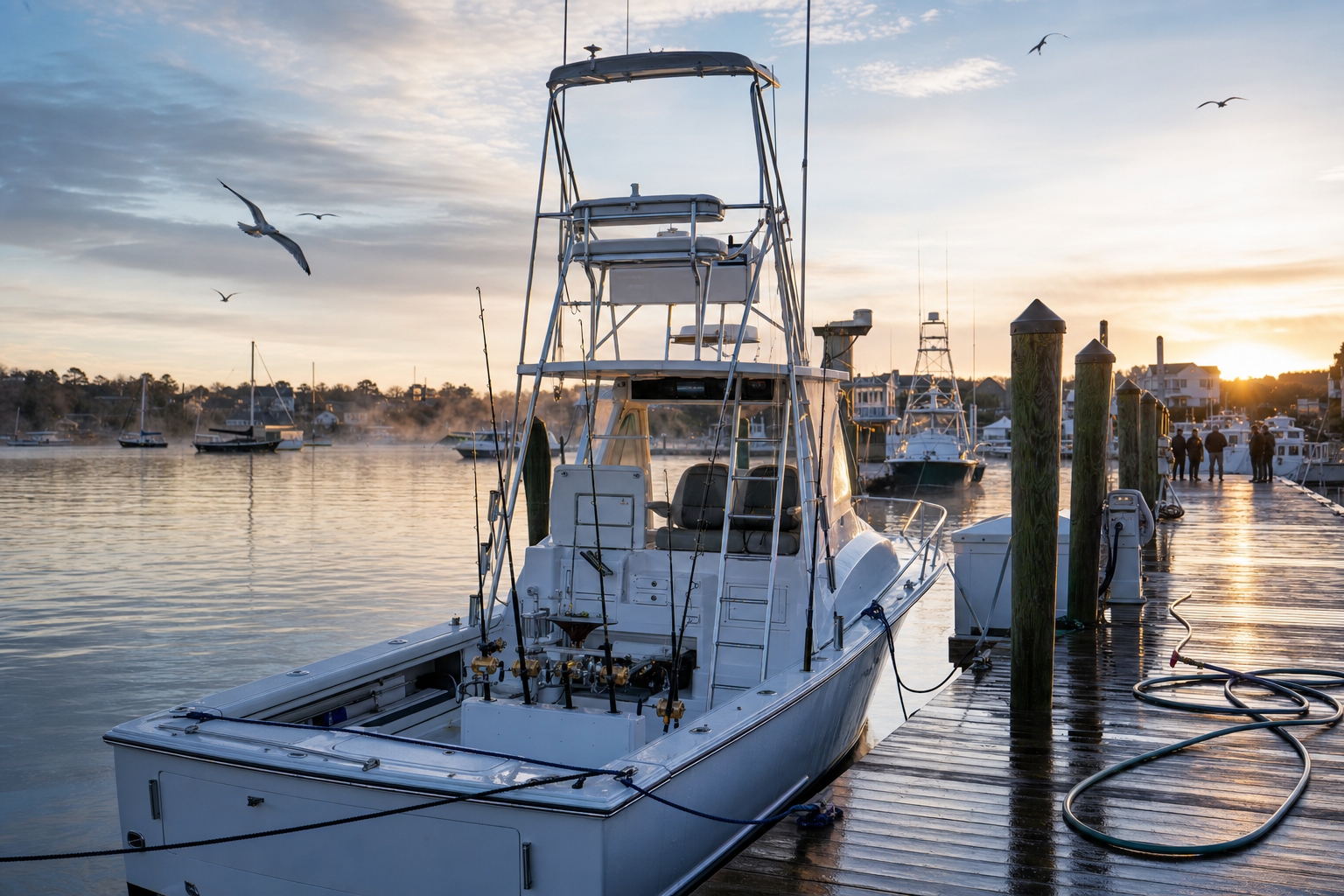 Southern New England marina at dawn with an offshore boat tied up after a tuna trip