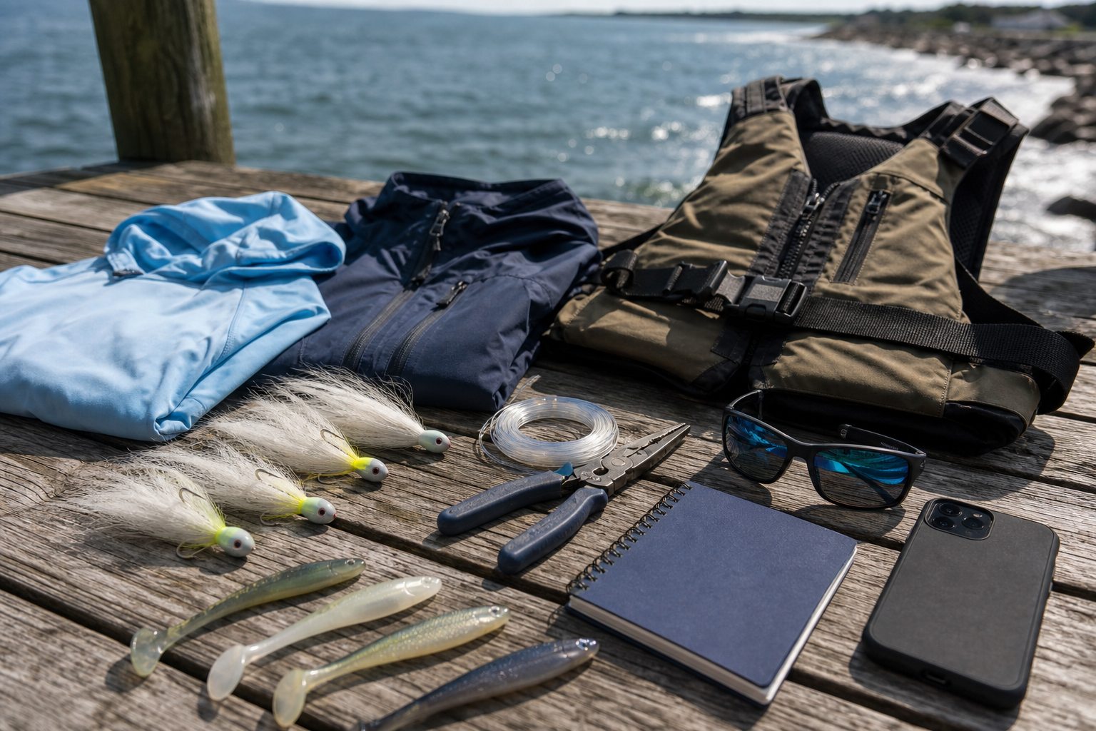 Logo-free Northeast saltwater fishing gear flat lay with bucktails, soft plastics, pliers, sunglasses, sun shirt, rain shell, PFD, and tide notebook