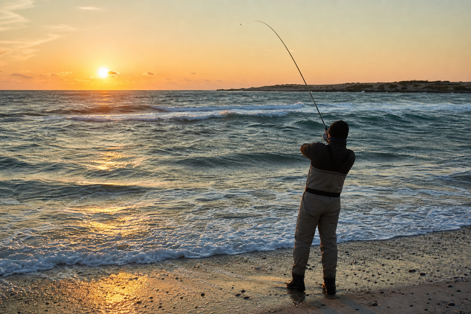 Northeast surfcaster casting at dawn under a southwest summer wind with choppy water and a visible rip line