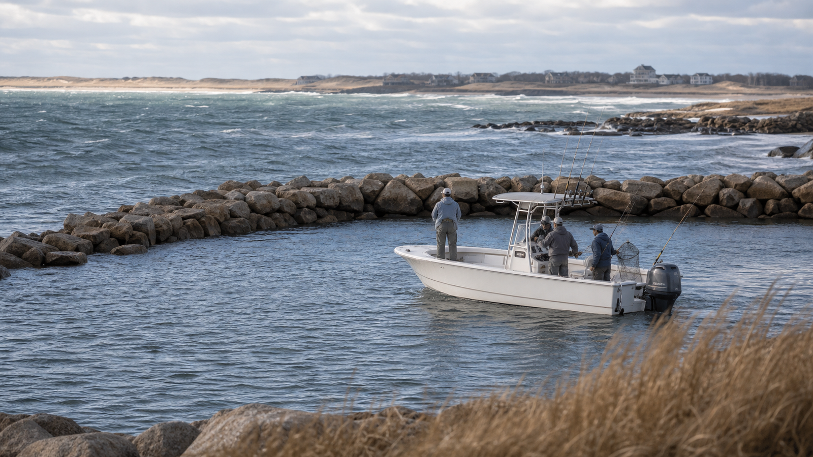 Small Northeast center-console fishing boat inside protected bay water while rougher southwest wind chop shows outside a breakwater