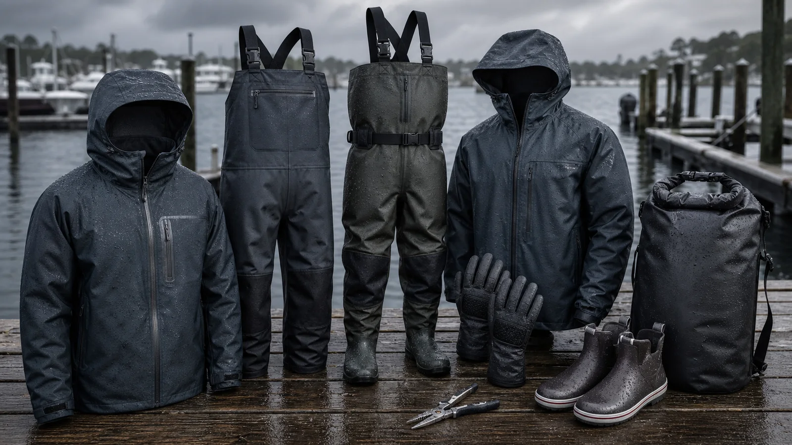 Logo-free rugged fishing outerwear lineup with waterproof jacket, bibs, waders, gloves, hooded shell, deck boots, dry bag, and pliers on a wet marina dock