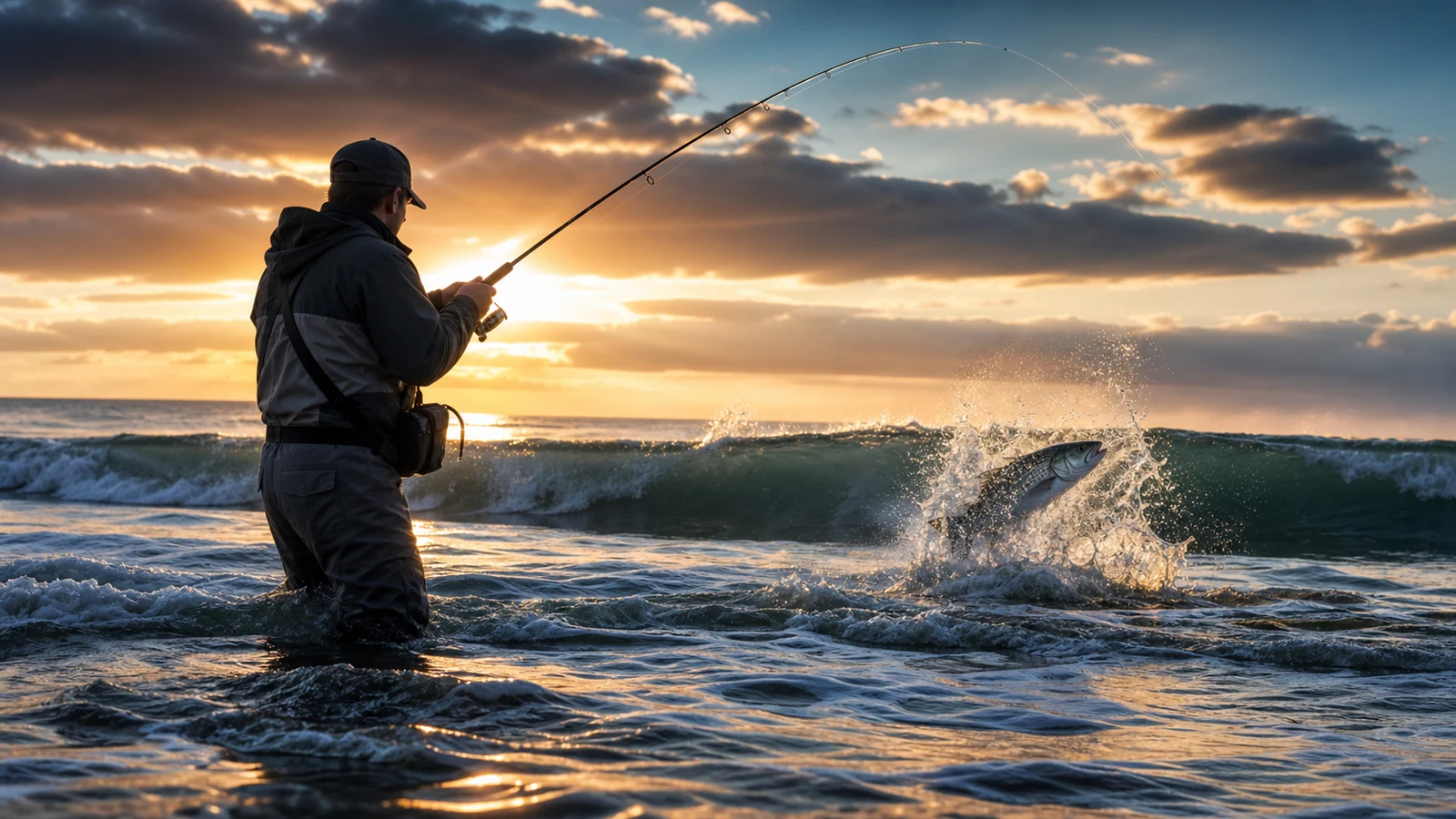 Surf angler casting to a striped bass exploding through a dawn wave in Northeast surf