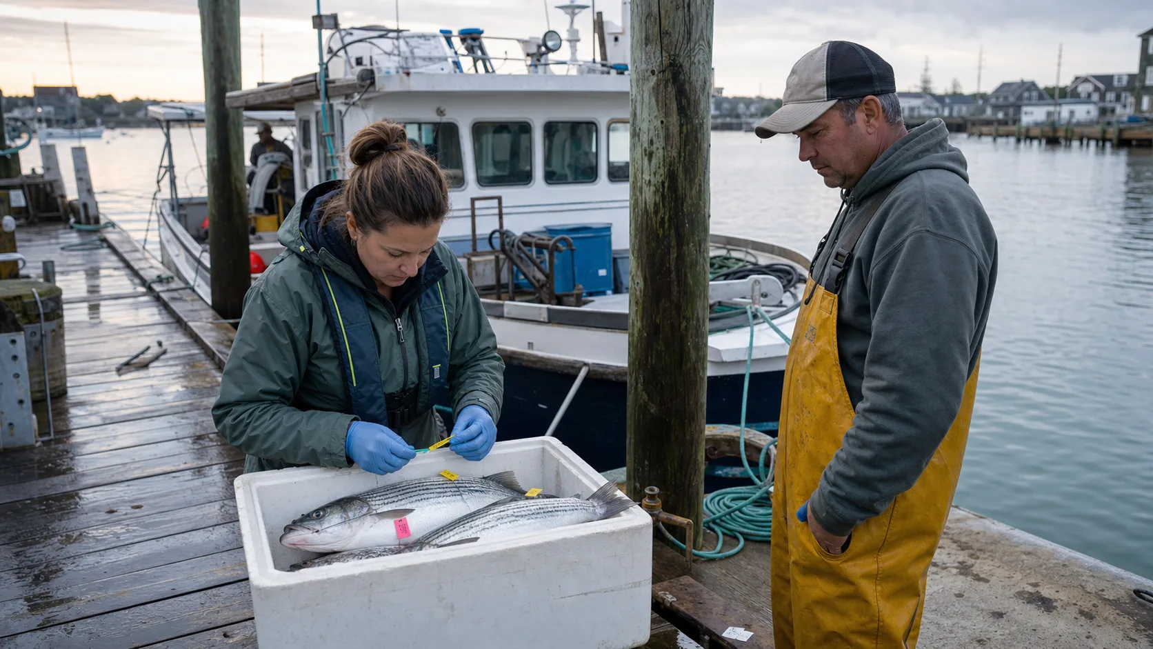 Dockside fishery monitor checking tagged striped bass beside a commercial fishing boat