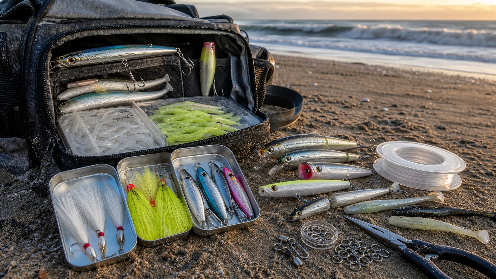 Logo-free surf bag with striped bass lures including metal tins, soft plastics, topwater plugs, bucktail jigs, minnow swimmers, clips, leader spool, and pliers