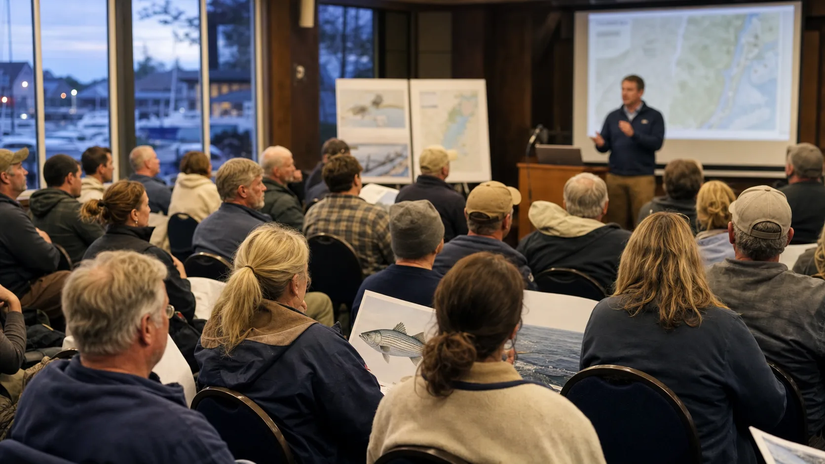 Coastal fisheries meeting with anglers, commercial fishers, and residents listening to a fishery manager
